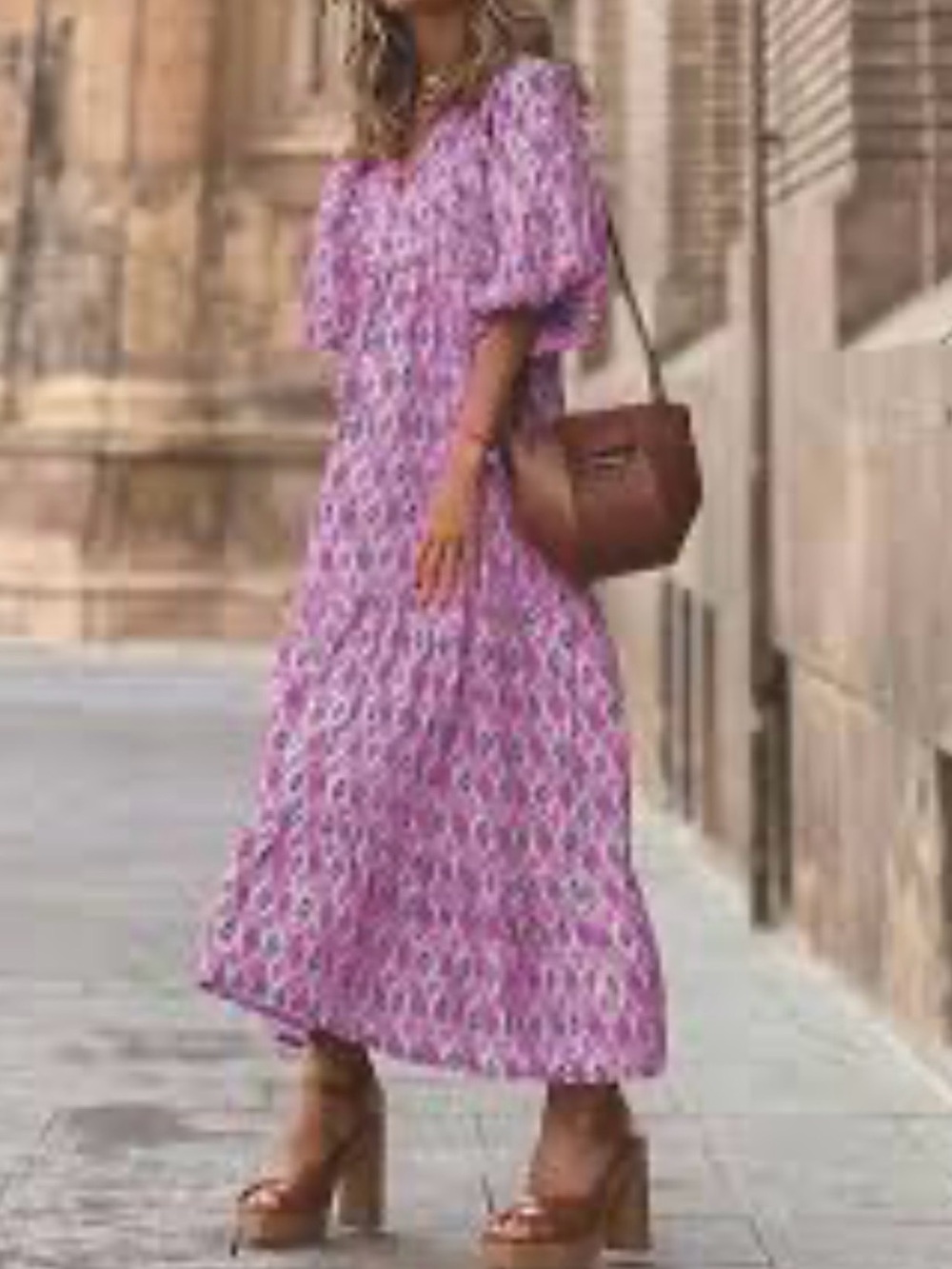 BEULAH Women's Pink and Lavanser Maxi Dress - Elegant Puff Sleeve Summer Style M